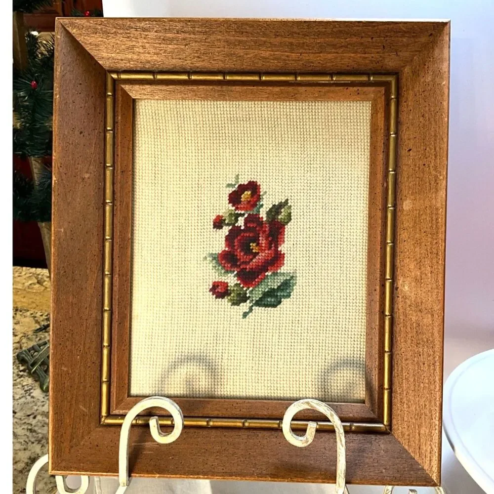 Beautiful vintage framed rose needlepoint; 1964 - ready to hang